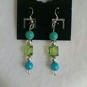 Blue, green, and silver beaded hook earrings